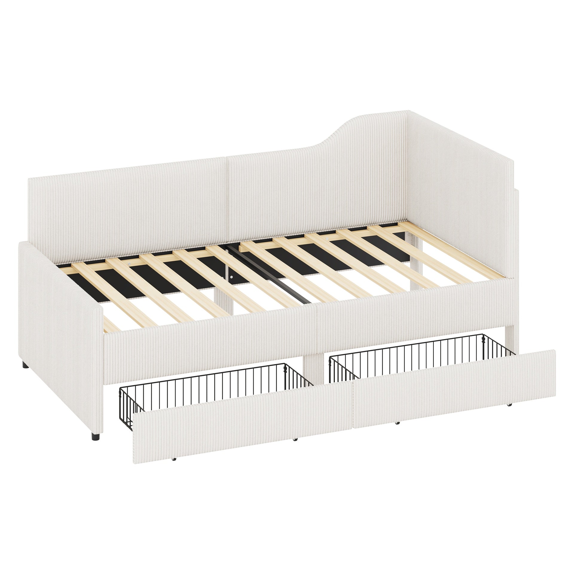 Twin Size L-Shaped Corduroy Daybed,Upholstered Bed Frame with  2 Storage Drawers, Beige