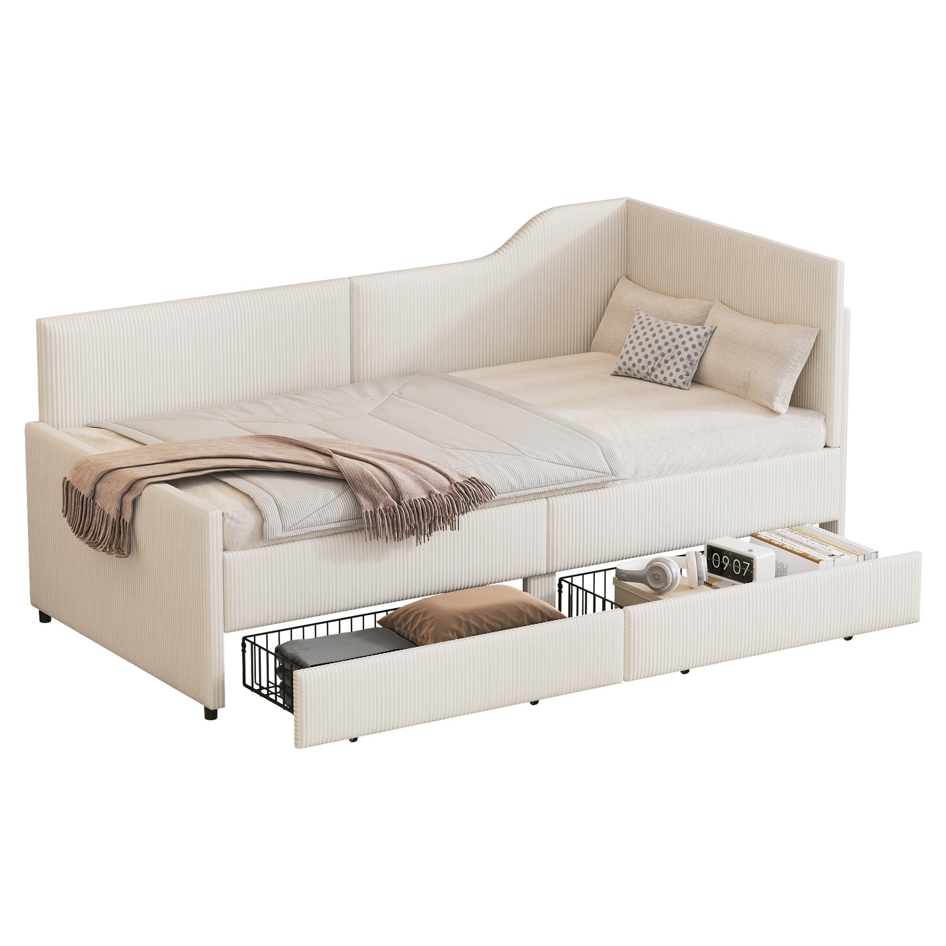 Twin Size L-Shaped Corduroy Daybed,Upholstered Bed Frame with  2 Storage Drawers, Beige