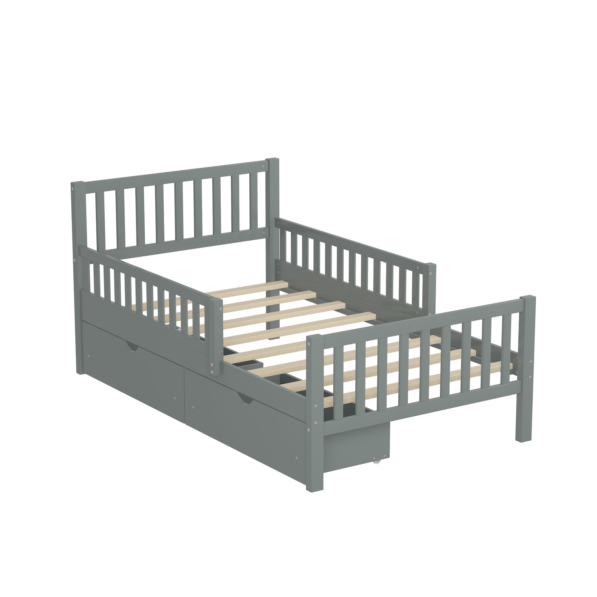 Twin Size Wood Platform Bed with Guardrails on Both Sides and Two Storage Drawers, Gray