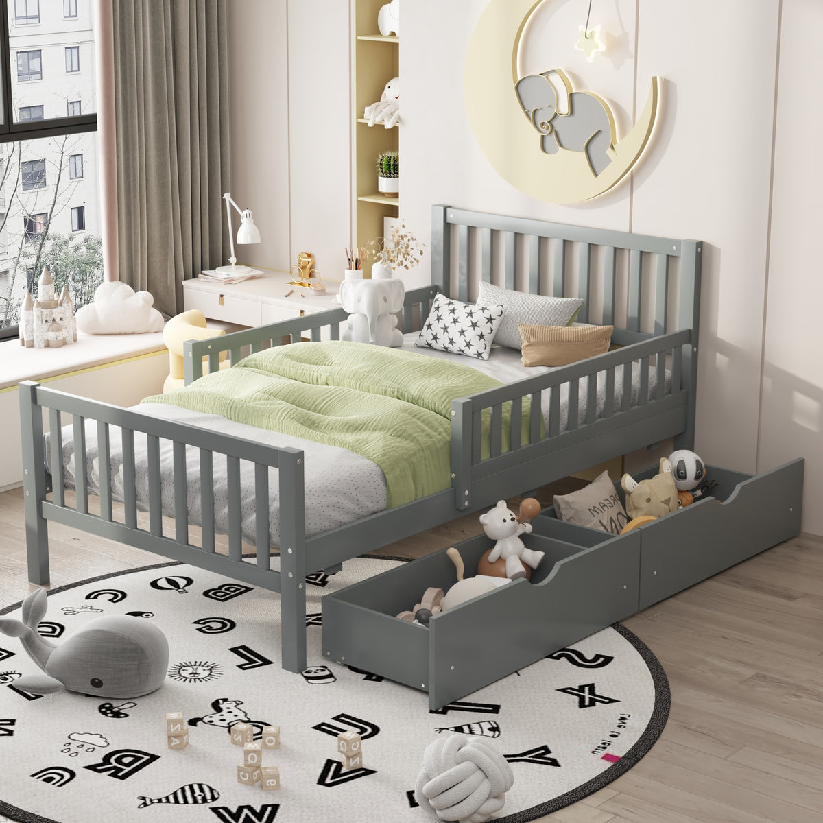 Twin Size Wood Platform Bed with Guardrails on Both Sides and Two Storage Drawers, Gray