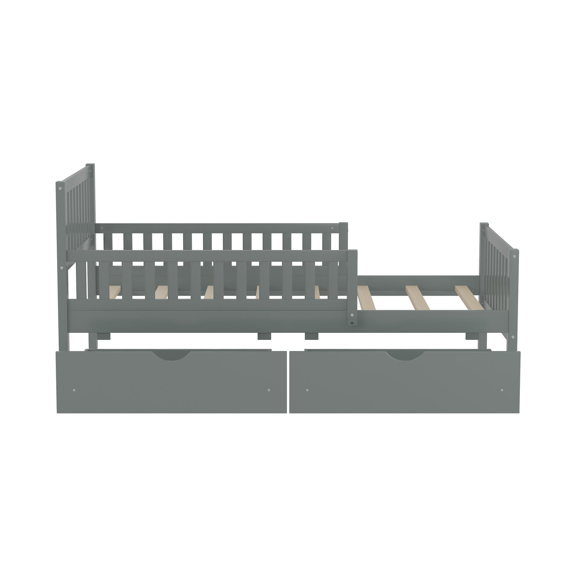 Twin Size Wood Platform Bed with Guardrails on Both Sides and Two Storage Drawers, Gray
