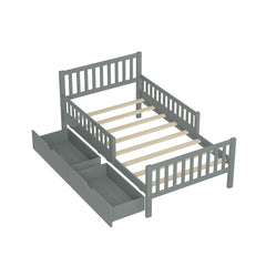 Twin Size Wood Platform Bed with Guardrails on Both Sides and Two Storage Drawers, Gray