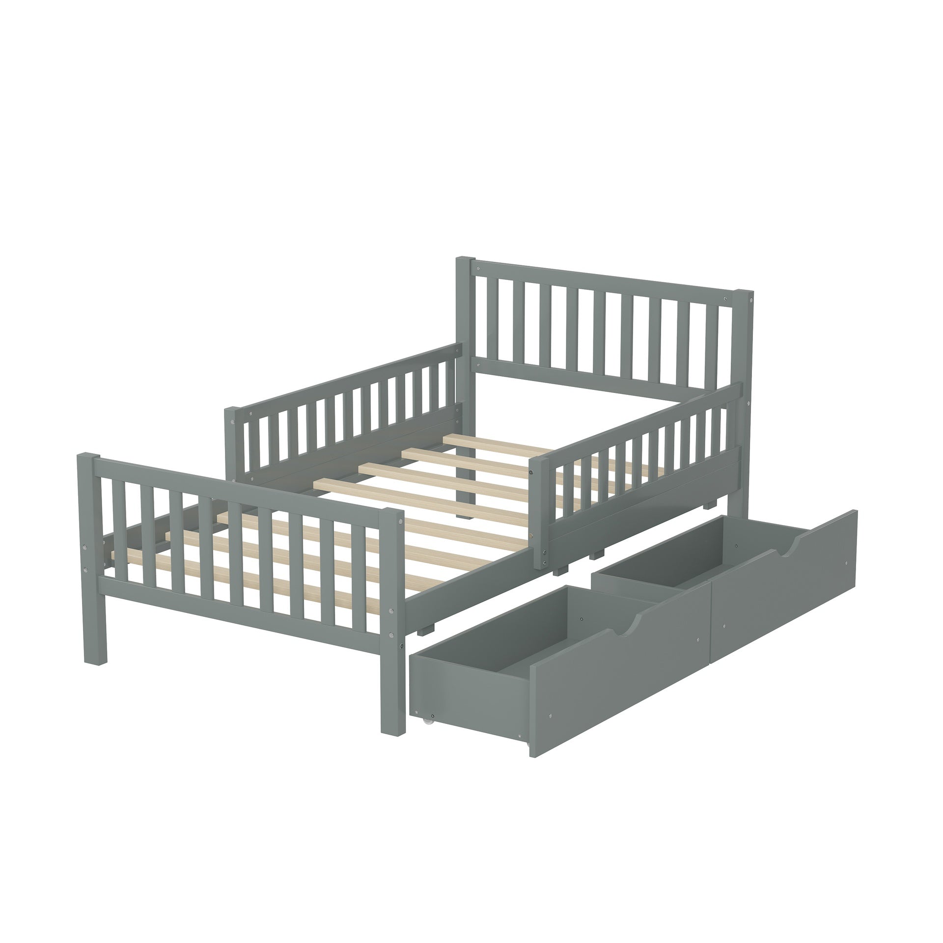 Twin Size Wood Platform Bed with Guardrails on Both Sides and Two Storage Drawers, Gray