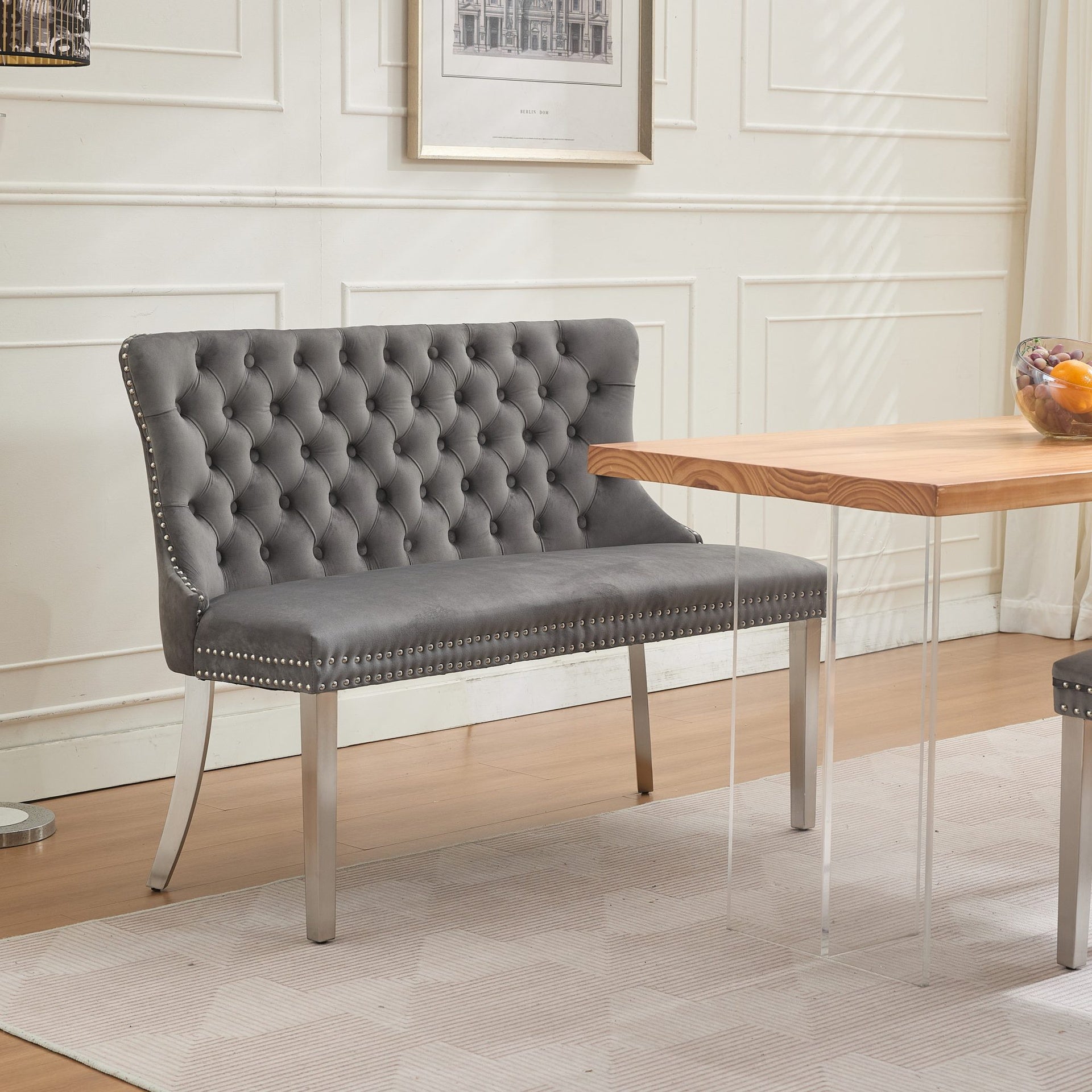 Velvet Double Dining Loveseat Bench, Kitchen & Dining Seating, 2-Seat Tufted Bench w/Handmade Buttons, Wing Back, Brushed Silver Stainless Steel Legs, Mid Century Modern,Single Pack,Gray,SW1702GY