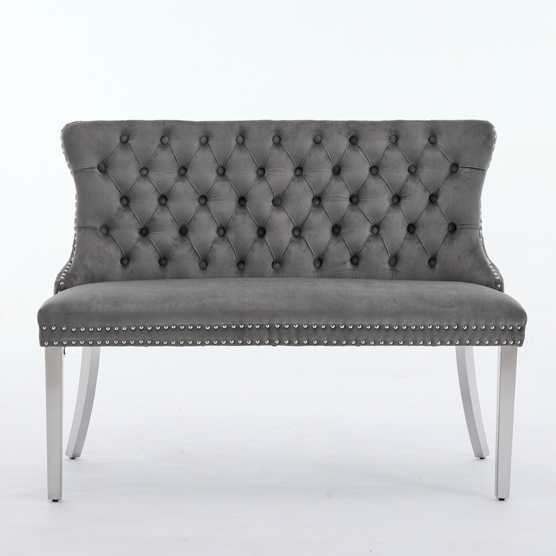 Velvet Double Dining Loveseat Bench, Kitchen & Dining Seating, 2-Seat Tufted Bench w/Handmade Buttons, Wing Back, Brushed Silver Stainless Steel Legs, Mid Century Modern,Single Pack,Gray,SW1702GY