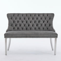 Velvet Double Dining Loveseat Bench, Kitchen & Dining Seating, 2-Seat Tufted Bench w/Handmade Buttons, Wing Back, Brushed Silver Stainless Steel Legs, Mid Century Modern,Single Pack,Gray,SW1702GY