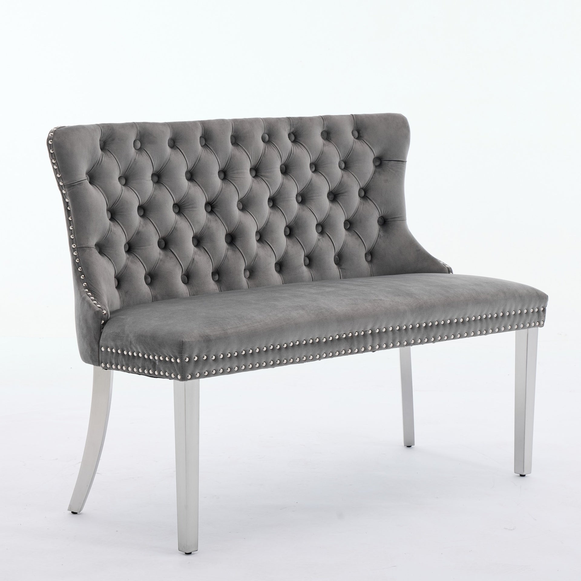 Velvet Double Dining Loveseat Bench, Kitchen & Dining Seating, 2-Seat Tufted Bench w/Handmade Buttons, Wing Back, Brushed Silver Stainless Steel Legs, Mid Century Modern,Single Pack,Gray,SW1702GY