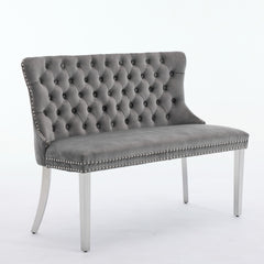 Velvet Double Dining Loveseat Bench, Kitchen & Dining Seating, 2-Seat Tufted Bench w/Handmade Buttons, Wing Back, Brushed Silver Stainless Steel Legs, Mid Century Modern,Single Pack,Gray,SW1702GY