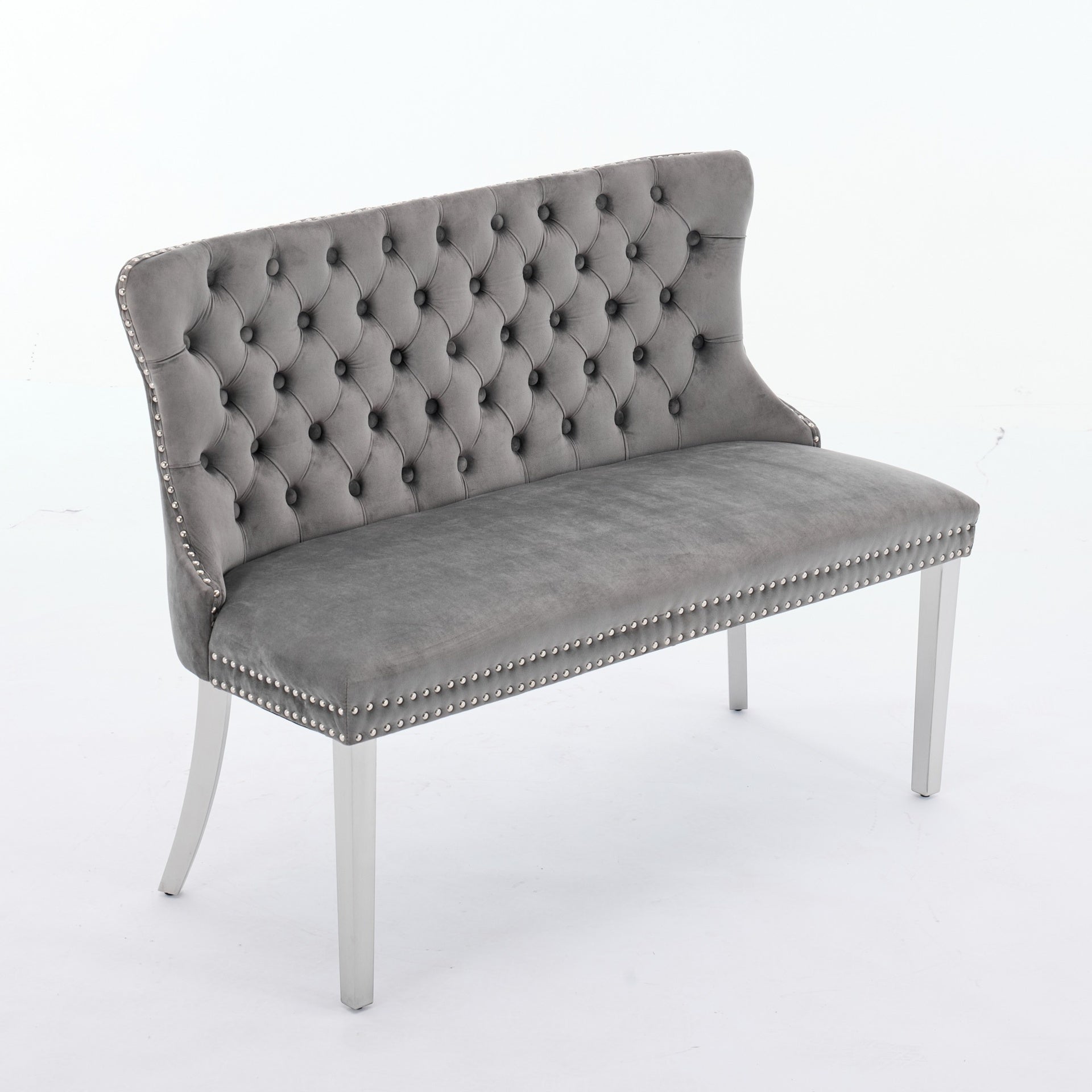 Velvet Double Dining Loveseat Bench, Kitchen & Dining Seating, 2-Seat Tufted Bench w/Handmade Buttons, Wing Back, Brushed Silver Stainless Steel Legs, Mid Century Modern,Single Pack,Gray,SW1702GY