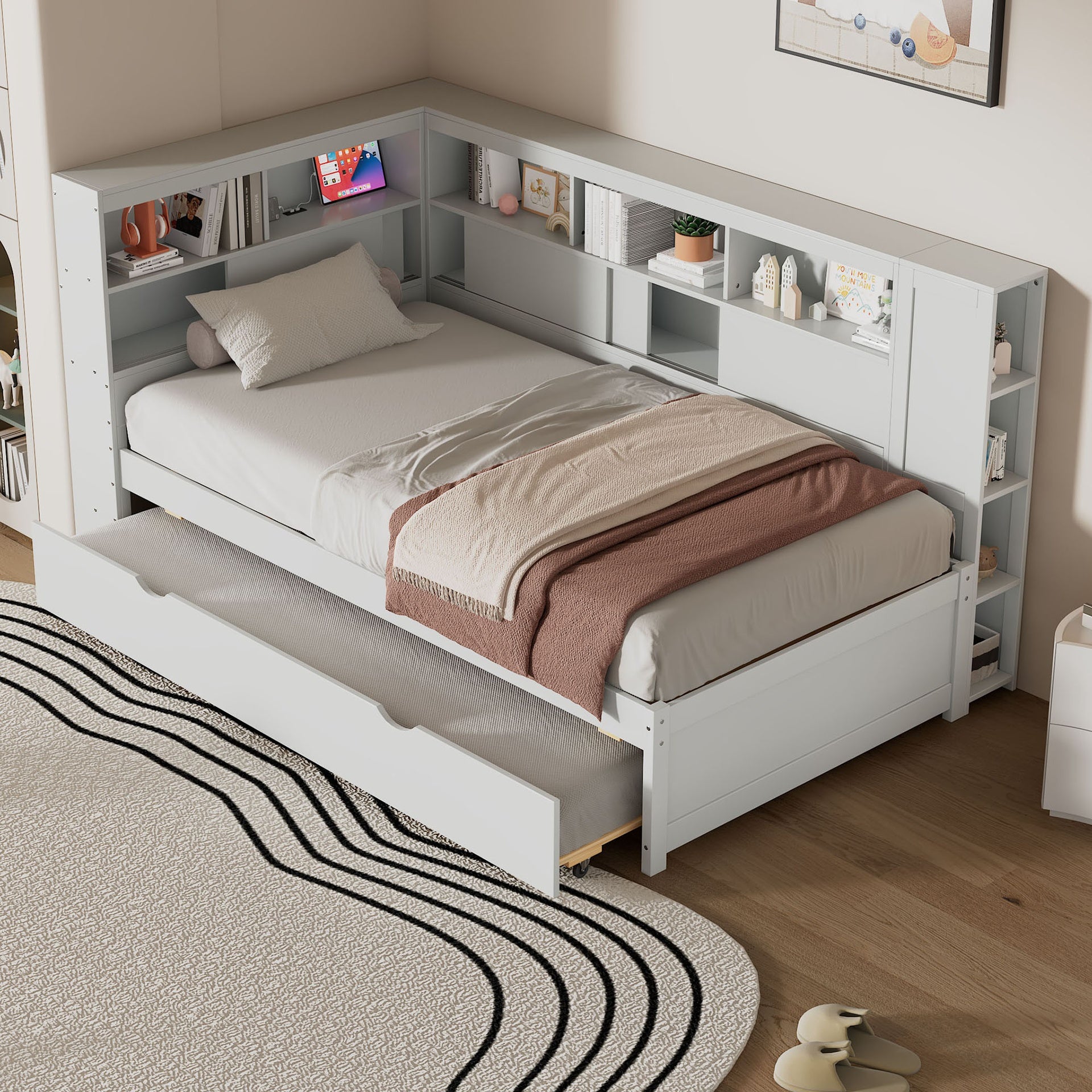 Twin Size Wood Daybed with Storage Shelves, USB and Trundle, White