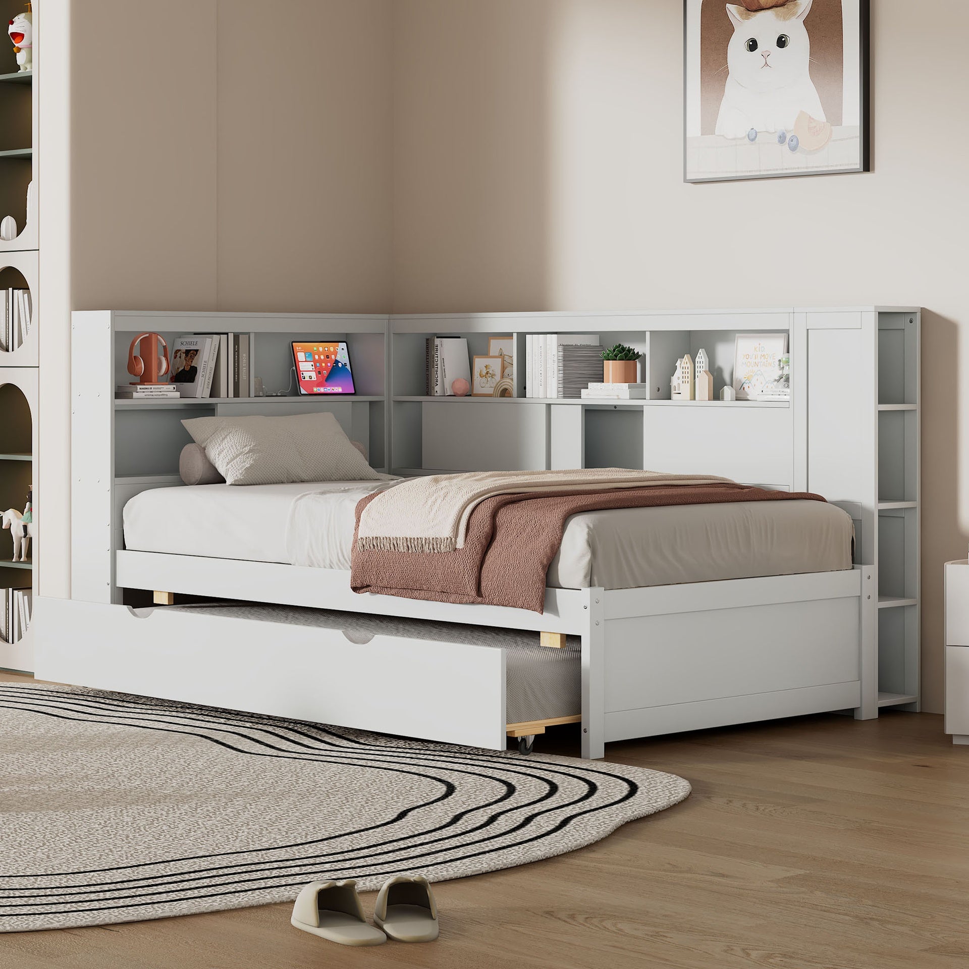 Twin Size Wood Daybed with Storage Shelves, USB and Trundle, White