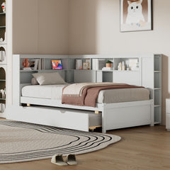 Twin Size Wood Daybed with Storage Shelves, USB and Trundle, White