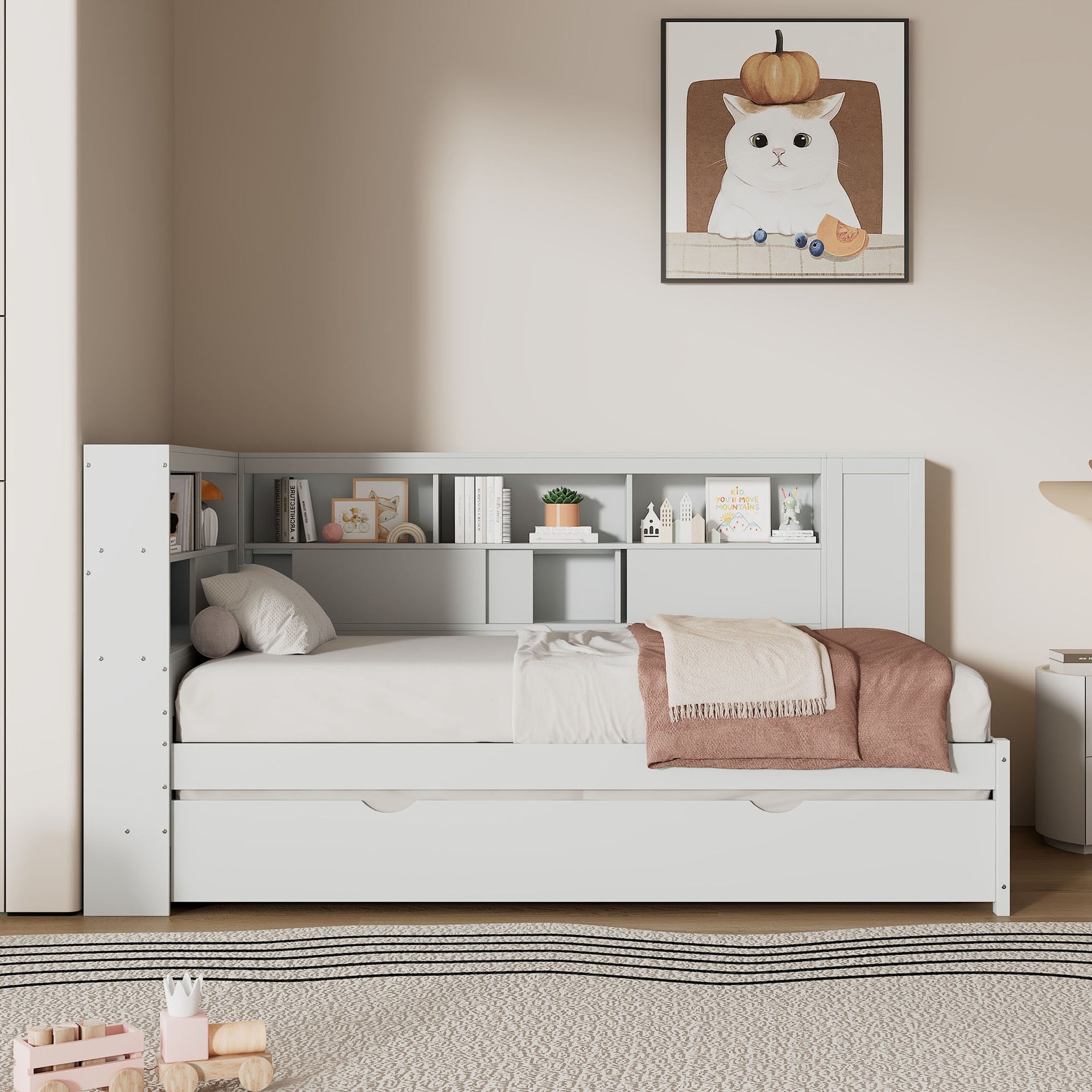 Twin Size Wood Daybed with Storage Shelves, USB and Trundle, White