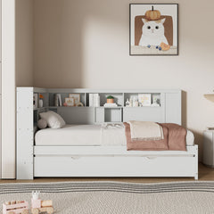 Twin Size Wood Daybed with Storage Shelves, USB and Trundle, White