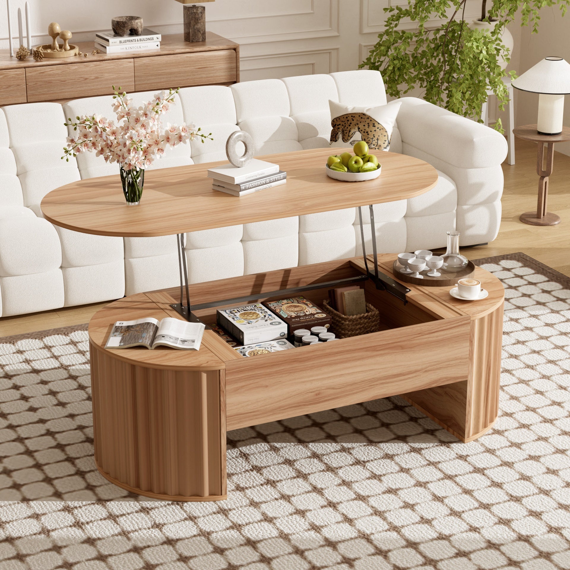U-Can 47.2''Lift Top Coffee Table with Hidden Compartment, Partially Assembled Wooden Center Table, Modern Oval Lift Tabletop for Home Living Room