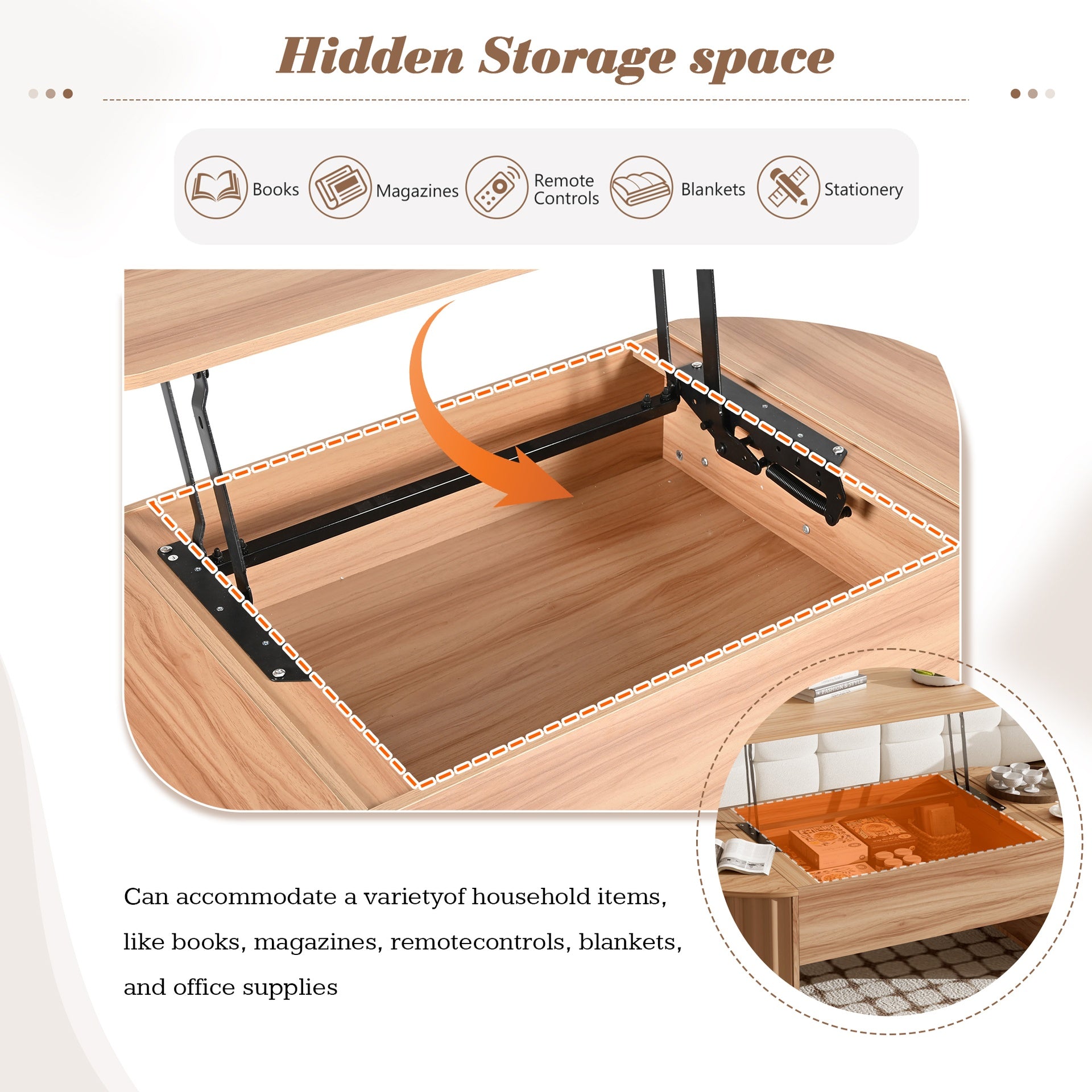 U-Can 47.2''Lift Top Coffee Table with Hidden Compartment, Partially Assembled Wooden Center Table, Modern Oval Lift Tabletop for Home Living Room