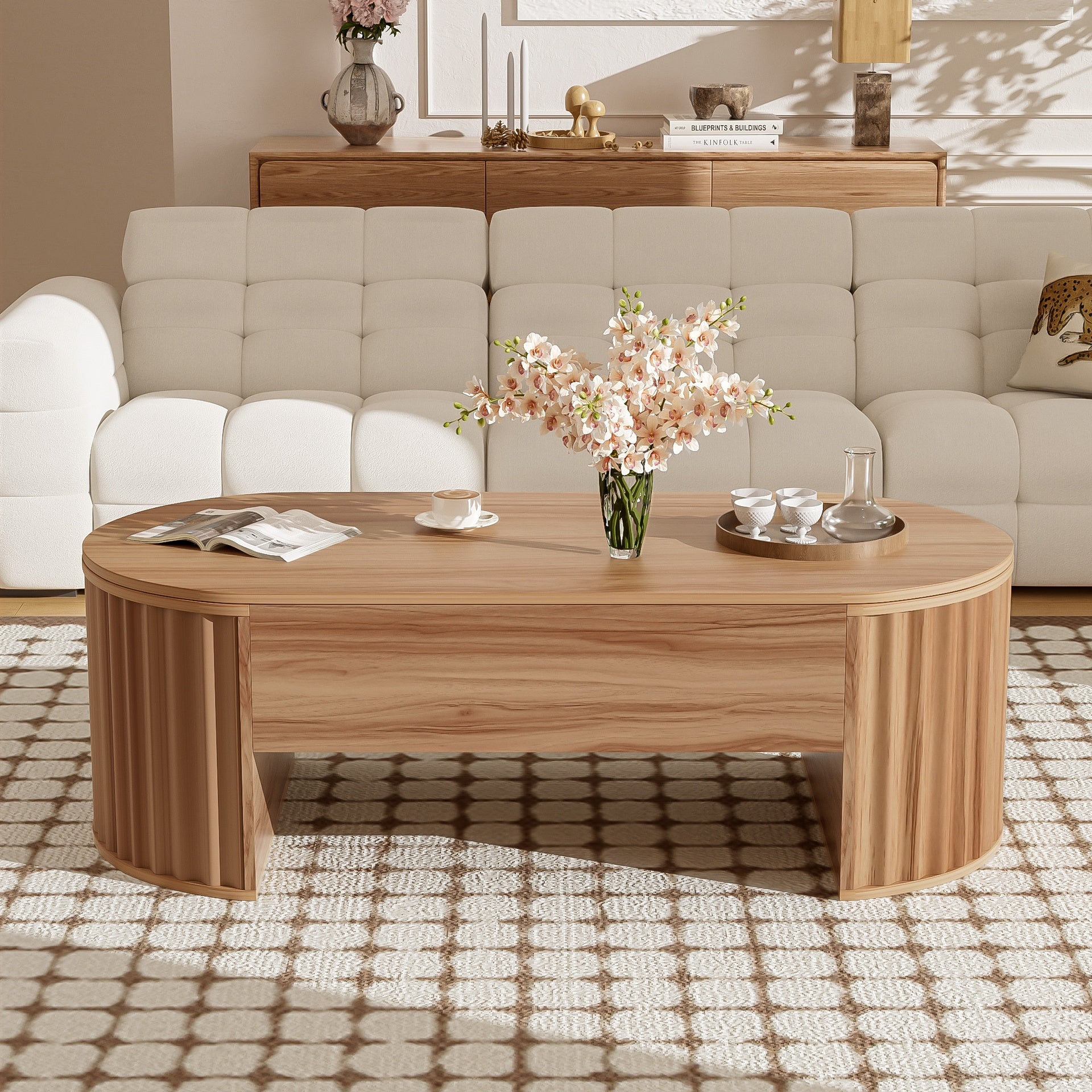 U-Can 47.2''Lift Top Coffee Table with Hidden Compartment, Partially Assembled Wooden Center Table, Modern Oval Lift Tabletop for Home Living Room
