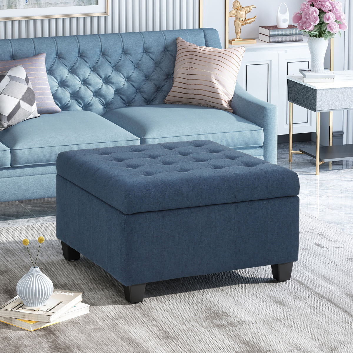 Upholstered Tufted Fabric Storage Ottoman, Navy Blue