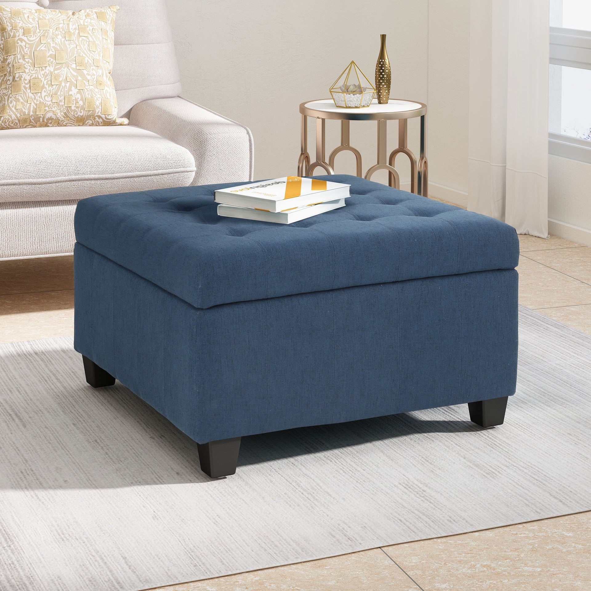 Upholstered Tufted Fabric Storage Ottoman, Navy Blue