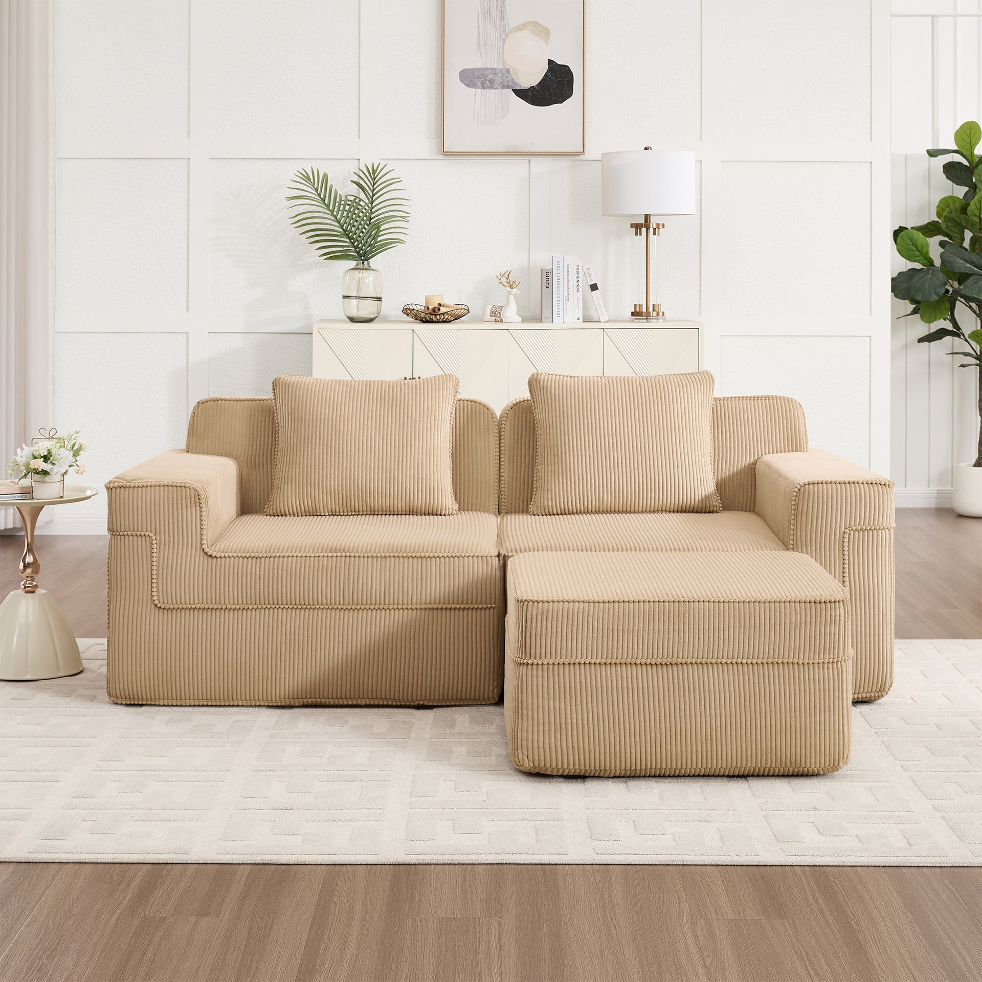 Modular 2 Seat L Shape Sectional Boneless Sofa, Cloud Sectional Couch with Deep Seat, Modern Modular 2-Seat Sofa Couch with Throw Pillows and 1 Movable Ottoman, Corduroy Fabric Camel
