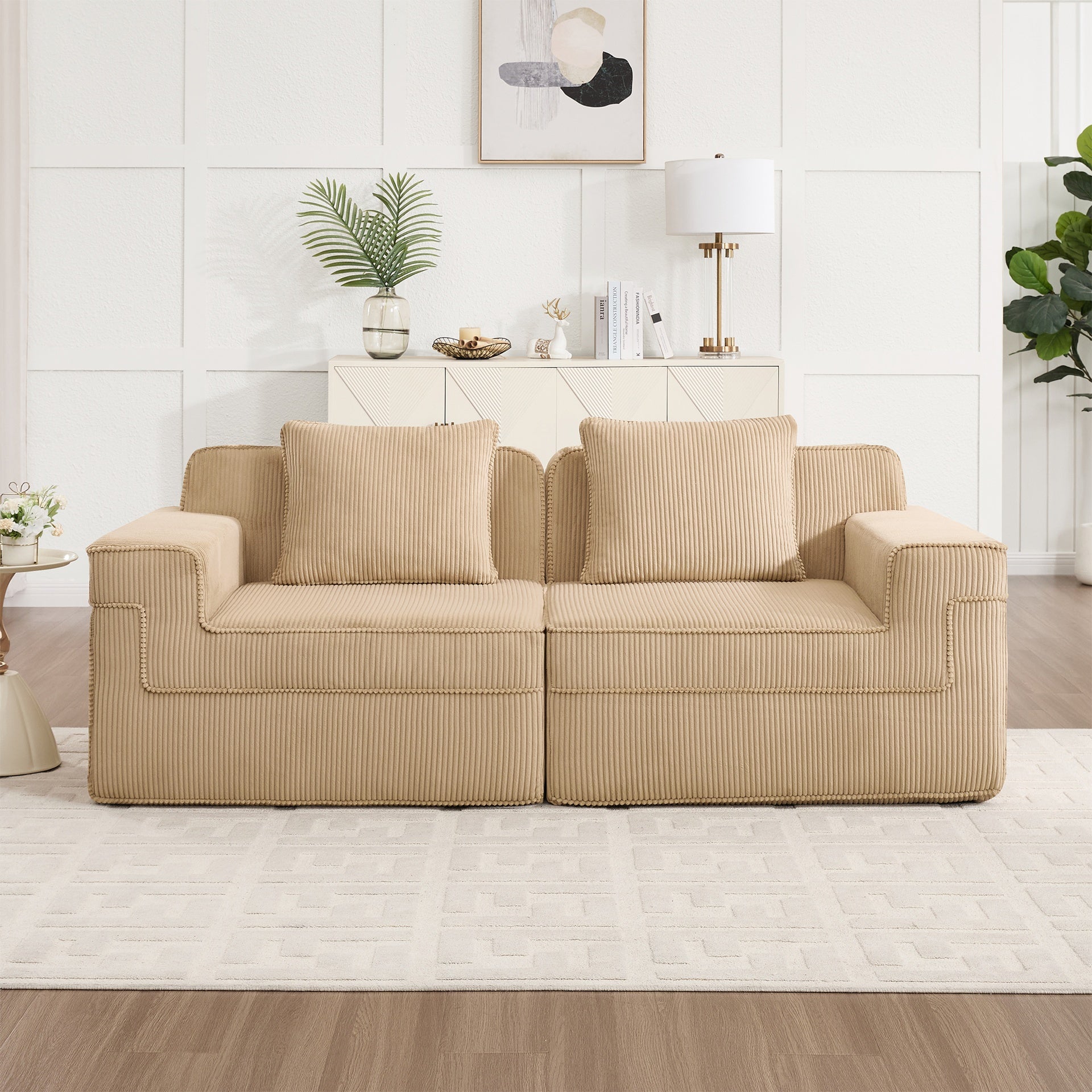 Modular 2 Seat Loveseat Boneless Sofa, Cloud Sectional Couch with Deep Seat, Modern Modular 2-Seat Sofa Couch with Throw Pillows Corduroy Fabric Camel