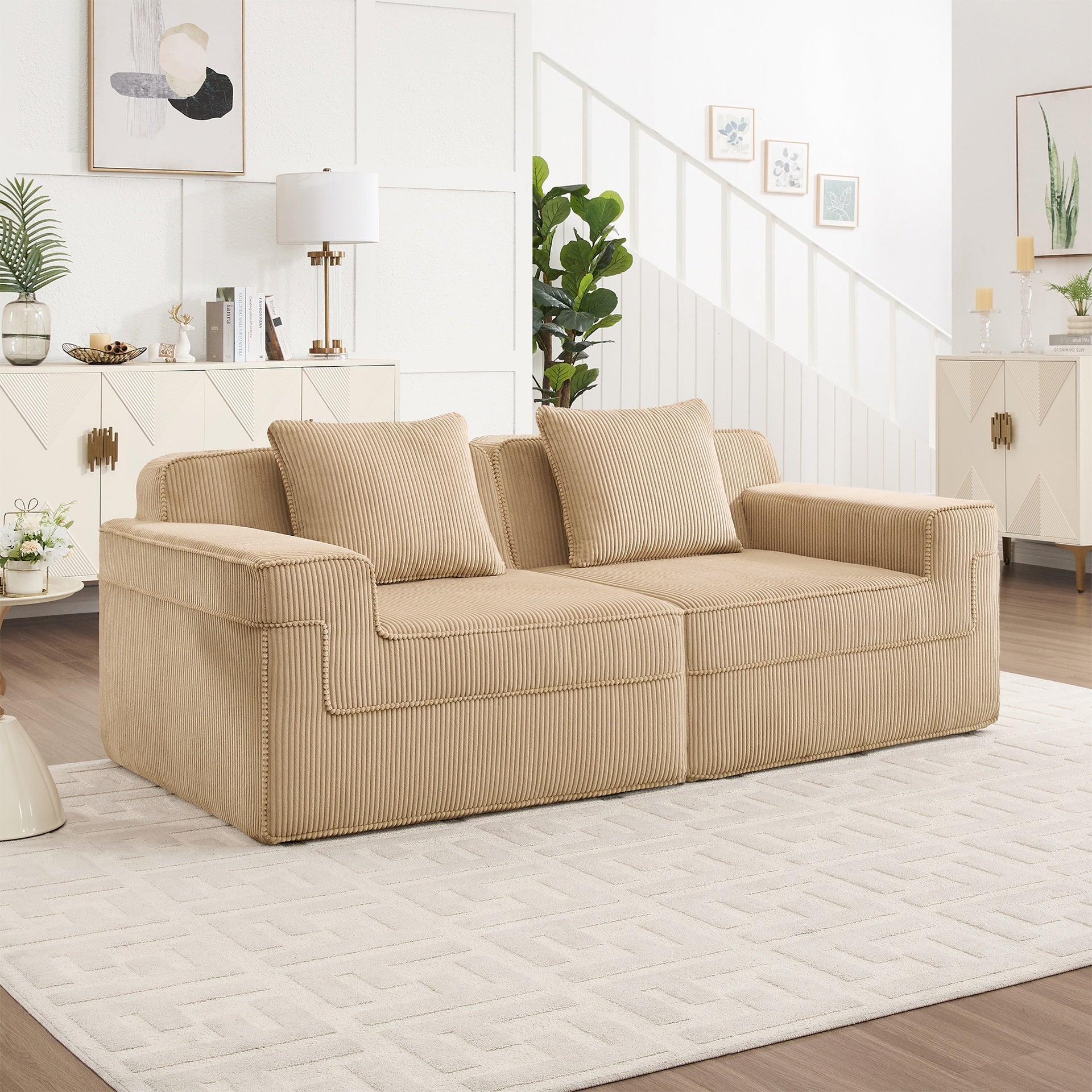 Modular 2 Seat Loveseat Boneless Sofa, Cloud Sectional Couch with Deep Seat, Modern Modular 2-Seat Sofa Couch with Throw Pillows Corduroy Fabric Camel
