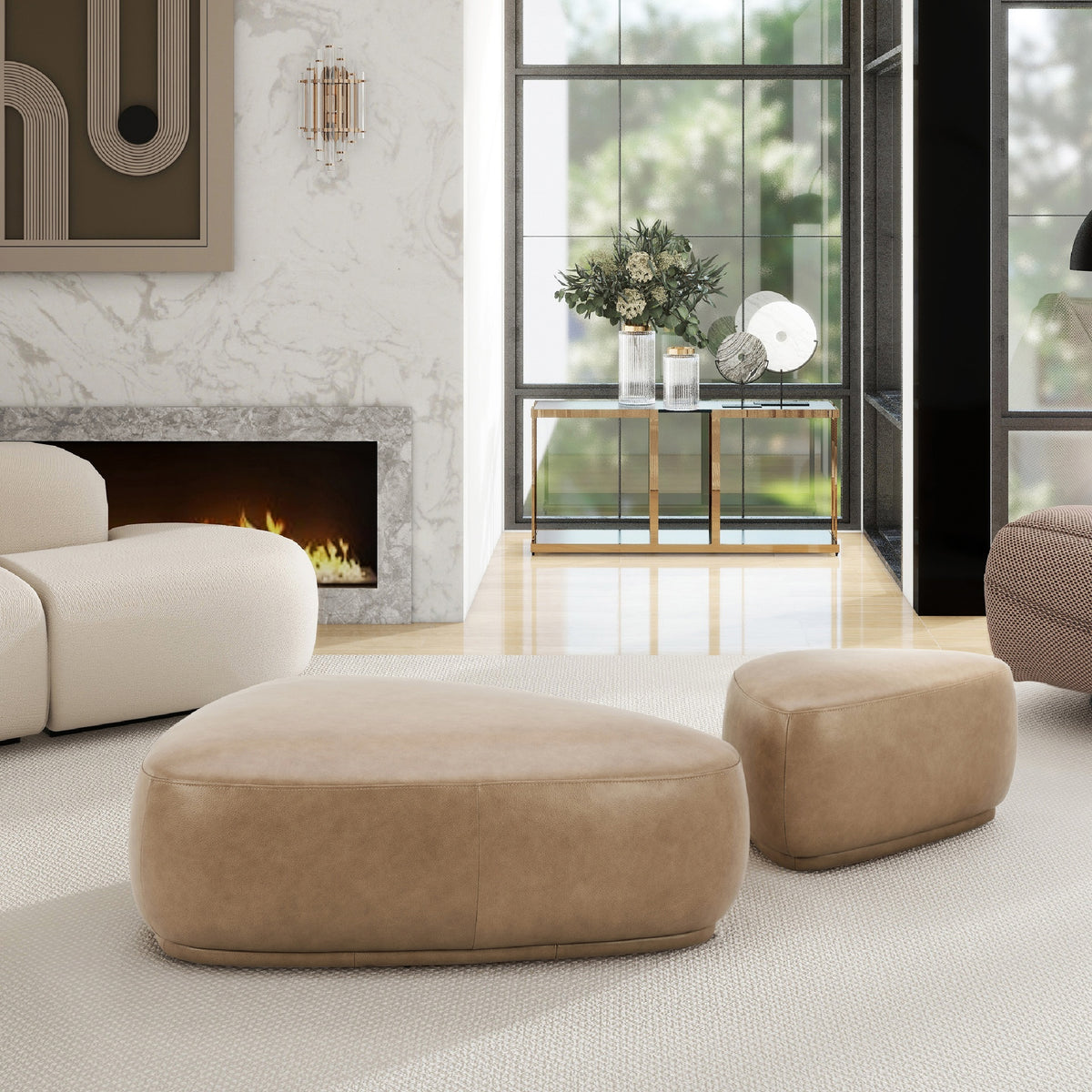Pebble 44" Rounded Triangle Cocktail Ottoman, Tuscan Tan Brown Top Grain Leather