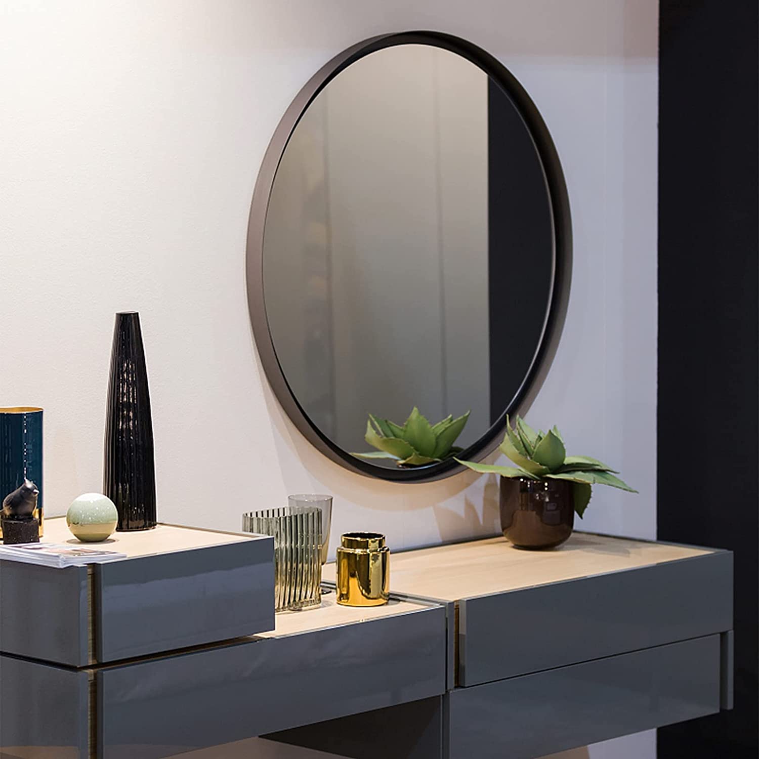 24 Inch Black Metal Framed Round Bathrrom Mirror for Wall.(W2203P182012)