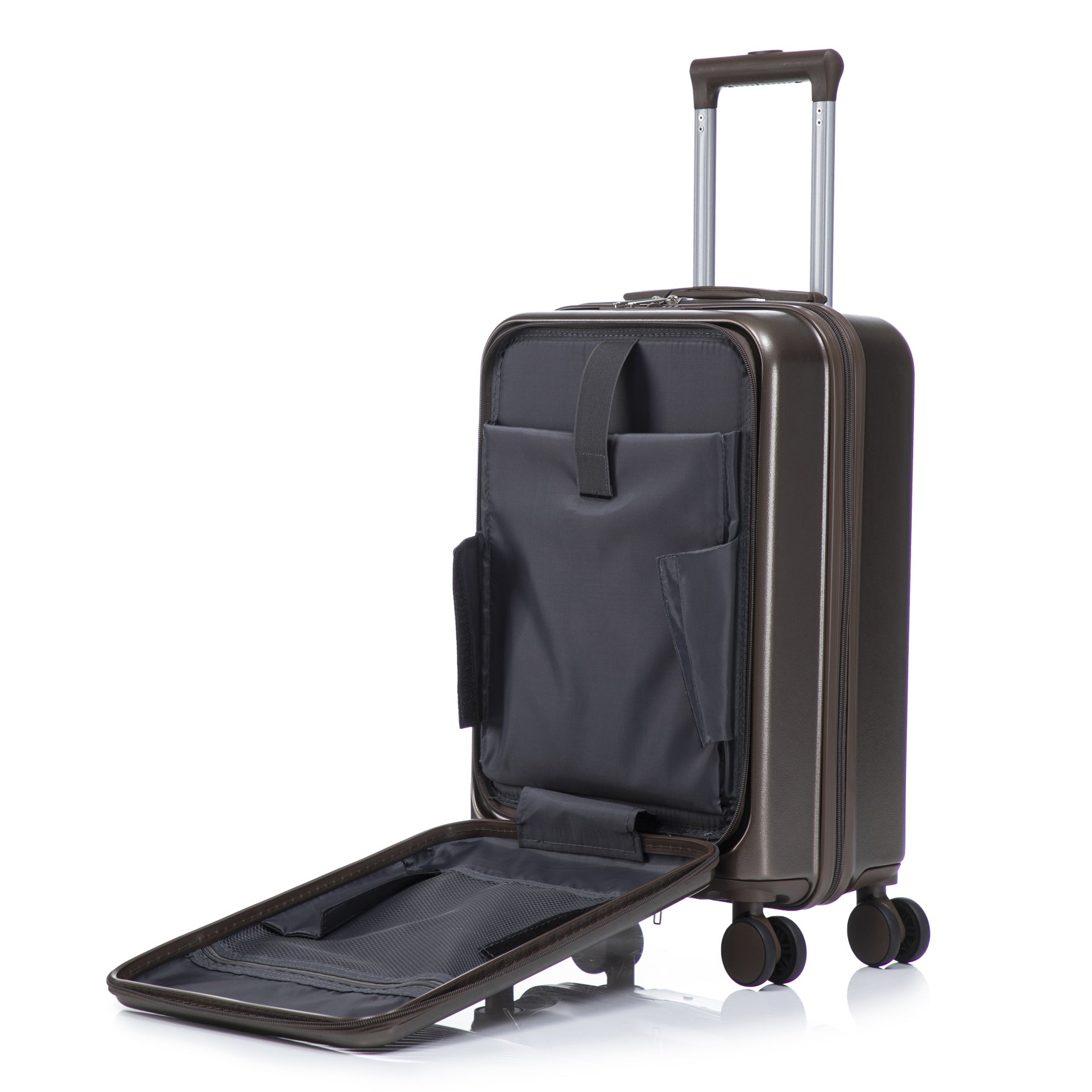 14"/20" 2 pcs/set in ABS Spinner Wheel Luggage, with Combination Lock and Front Opening Design, 14" Cosmetic Case (Brown)