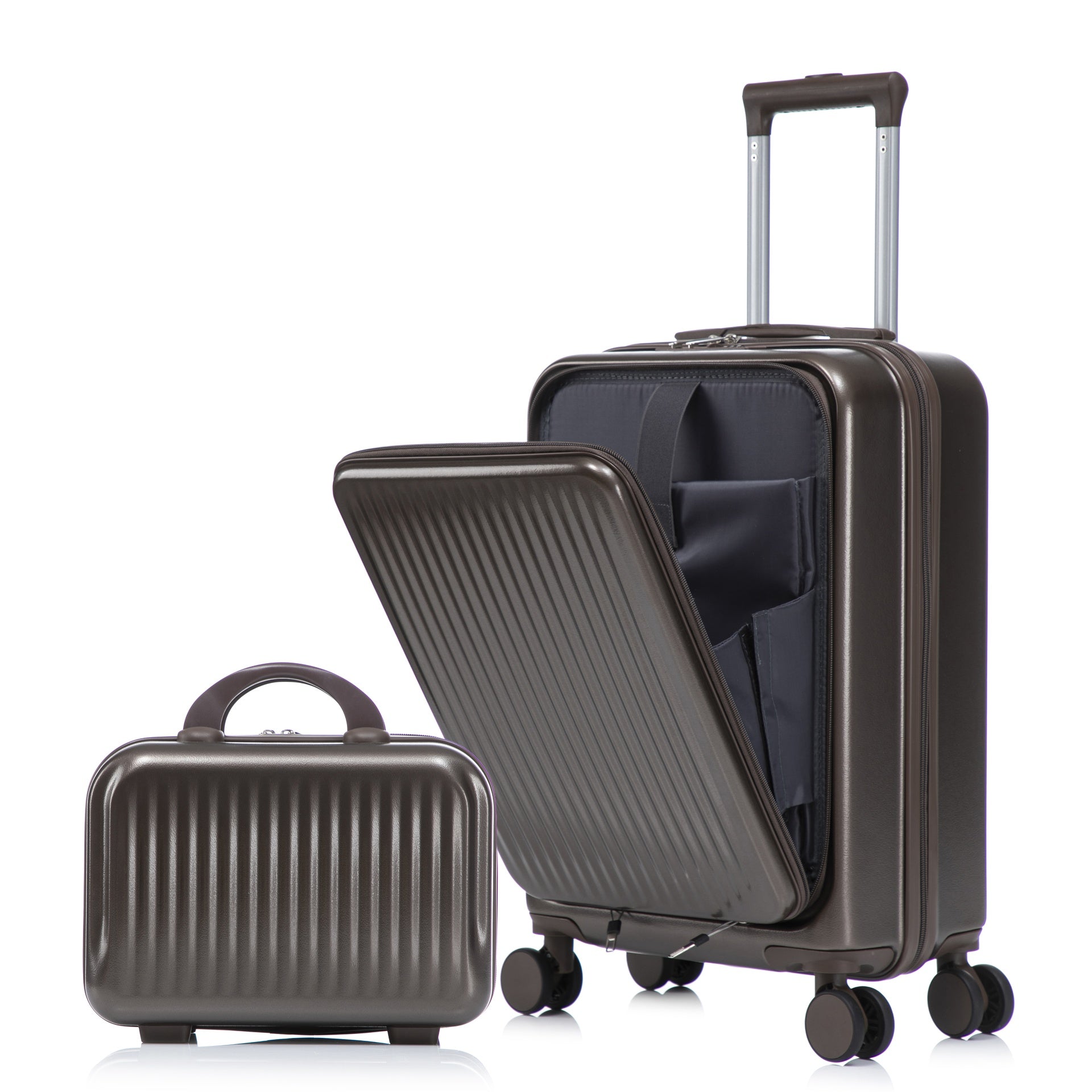 14"/20" 2 pcs/set in ABS Spinner Wheel Luggage, with Combination Lock and Front Opening Design, 14" Cosmetic Case (Brown)