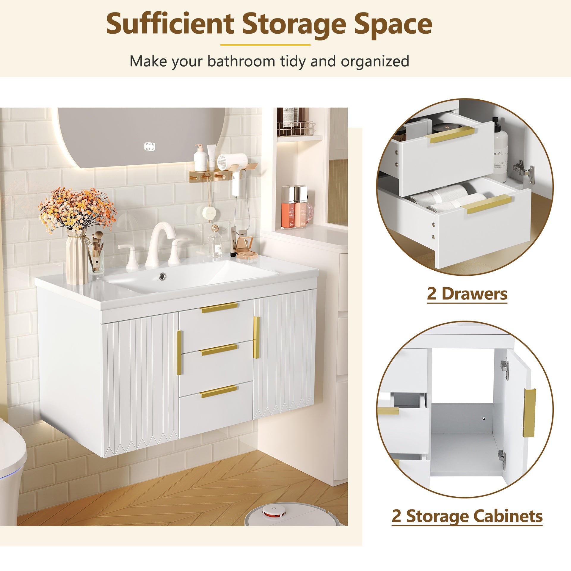 36'' Wall Mounted Bathroom Vanity, Floating Bathroom Storage Cabinet with 2 Drawers, Solid Wood Bathroom Cabinet (Same as N710S236003K)