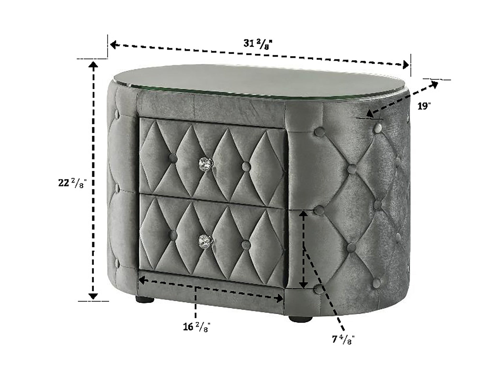 Luxurious 1pc Oval Nightstand Plush Tufted Upholstery 8mm Tempered Glass Top Rounded Sides Two Storage Drawers Sparkling Knobs Wooden Bedroom Furniture Black