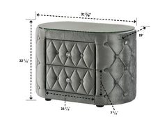 Luxurious 1pc Oval Nightstand Plush Tufted Upholstery 8mm Tempered Glass Top Rounded Sides Two Storage Drawers Sparkling Knobs Wooden Bedroom Furniture Black