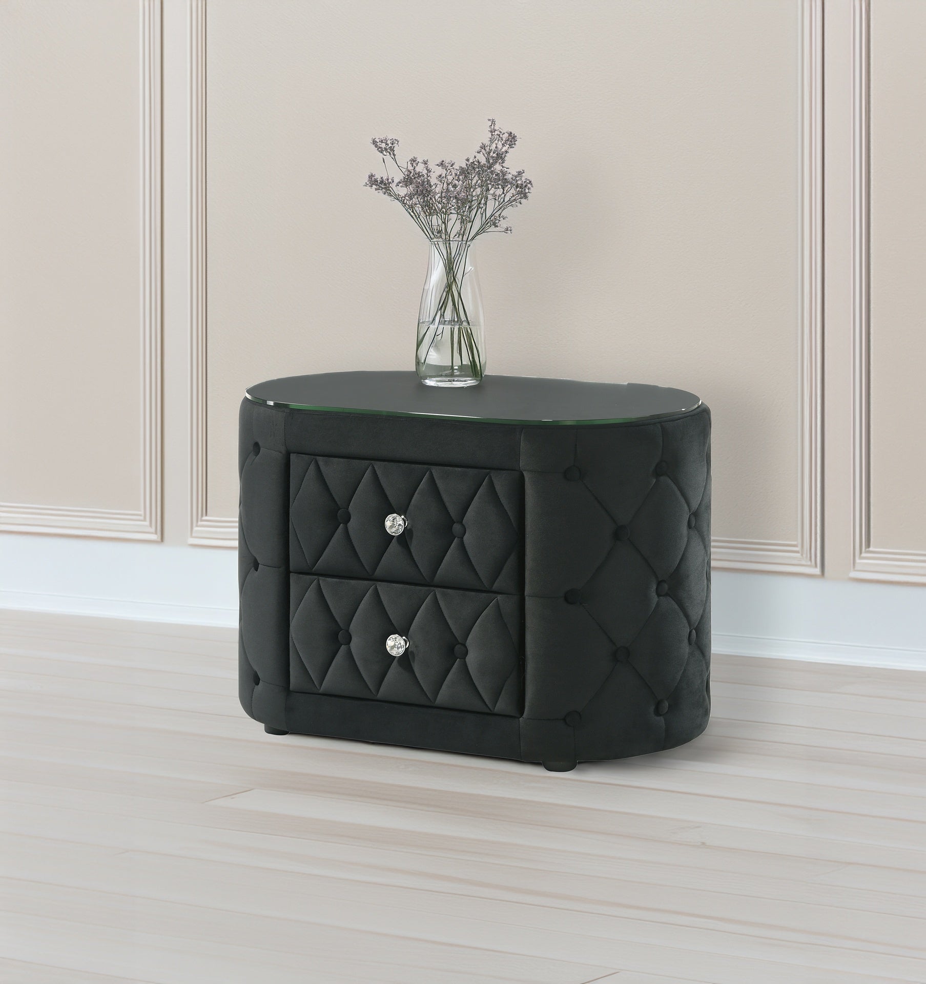 Luxurious 1pc Oval Nightstand Plush Tufted Upholstery 8mm Tempered Glass Top Rounded Sides Two Storage Drawers Sparkling Knobs Wooden Bedroom Furniture Black
