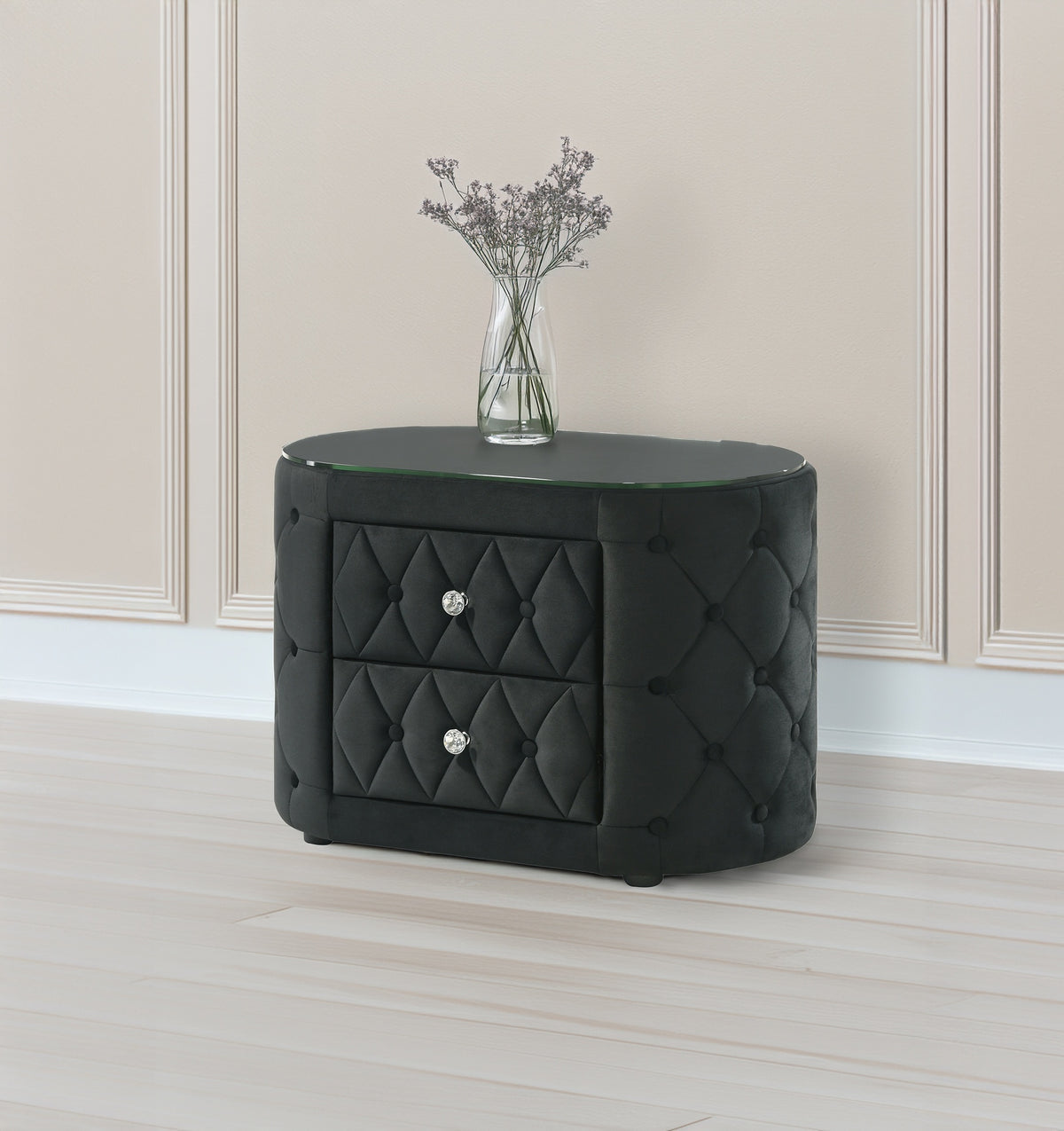 Luxurious 1pc Oval Nightstand Plush Tufted Upholstery 8mm Tempered Glass Top Rounded Sides Two Storage Drawers Sparkling Knobs Wooden Bedroom Furniture Black