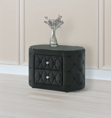 Luxurious 1pc Oval Nightstand Plush Tufted Upholstery 8mm Tempered Glass Top Rounded Sides Two Storage Drawers Sparkling Knobs Wooden Bedroom Furniture Black