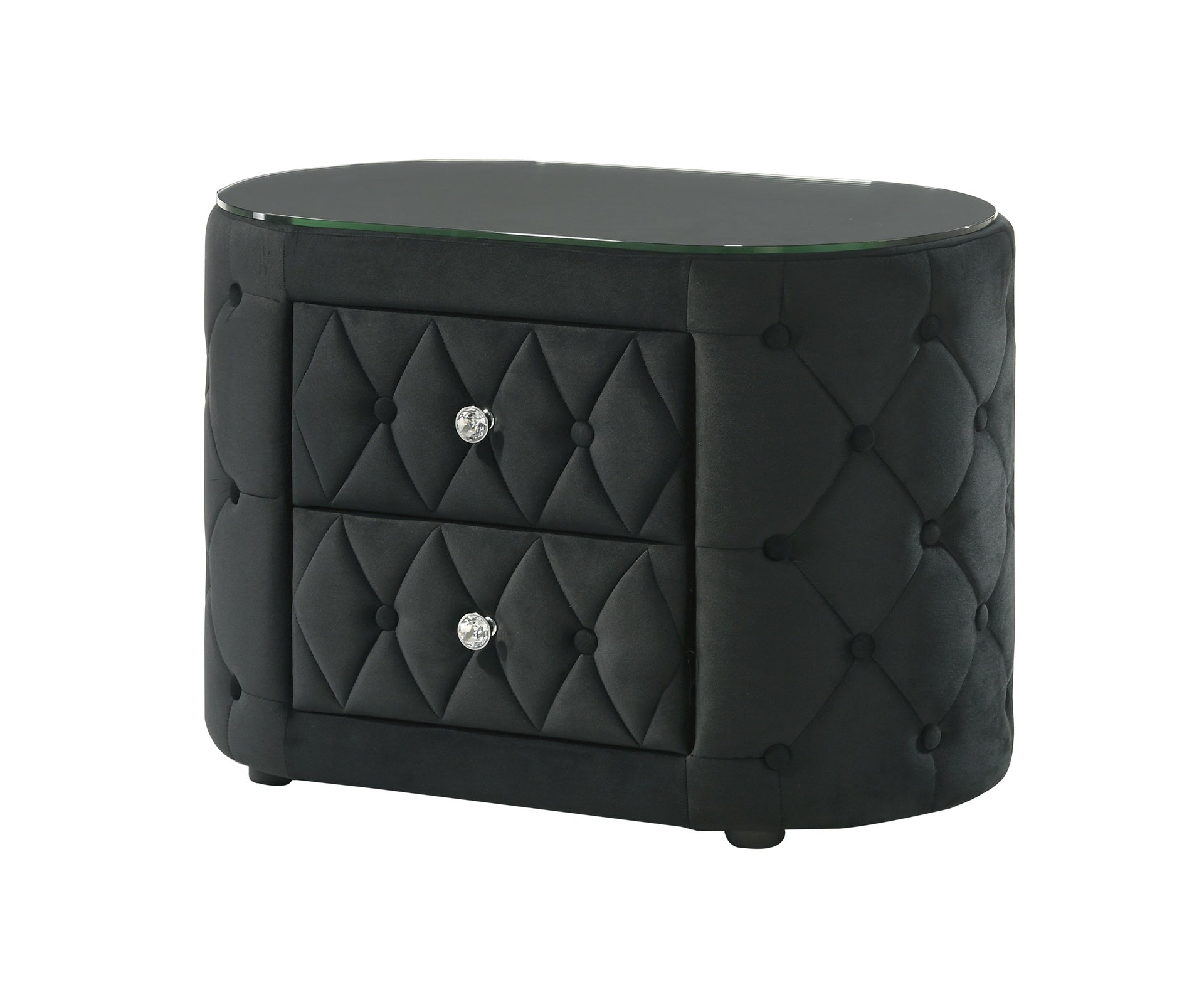 Luxurious 1pc Oval Nightstand Plush Tufted Upholstery 8mm Tempered Glass Top Rounded Sides Two Storage Drawers Sparkling Knobs Wooden Bedroom Furniture Black