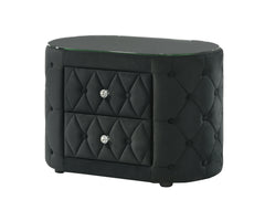 Luxurious 1pc Oval Nightstand Plush Tufted Upholstery 8mm Tempered Glass Top Rounded Sides Two Storage Drawers Sparkling Knobs Wooden Bedroom Furniture Black