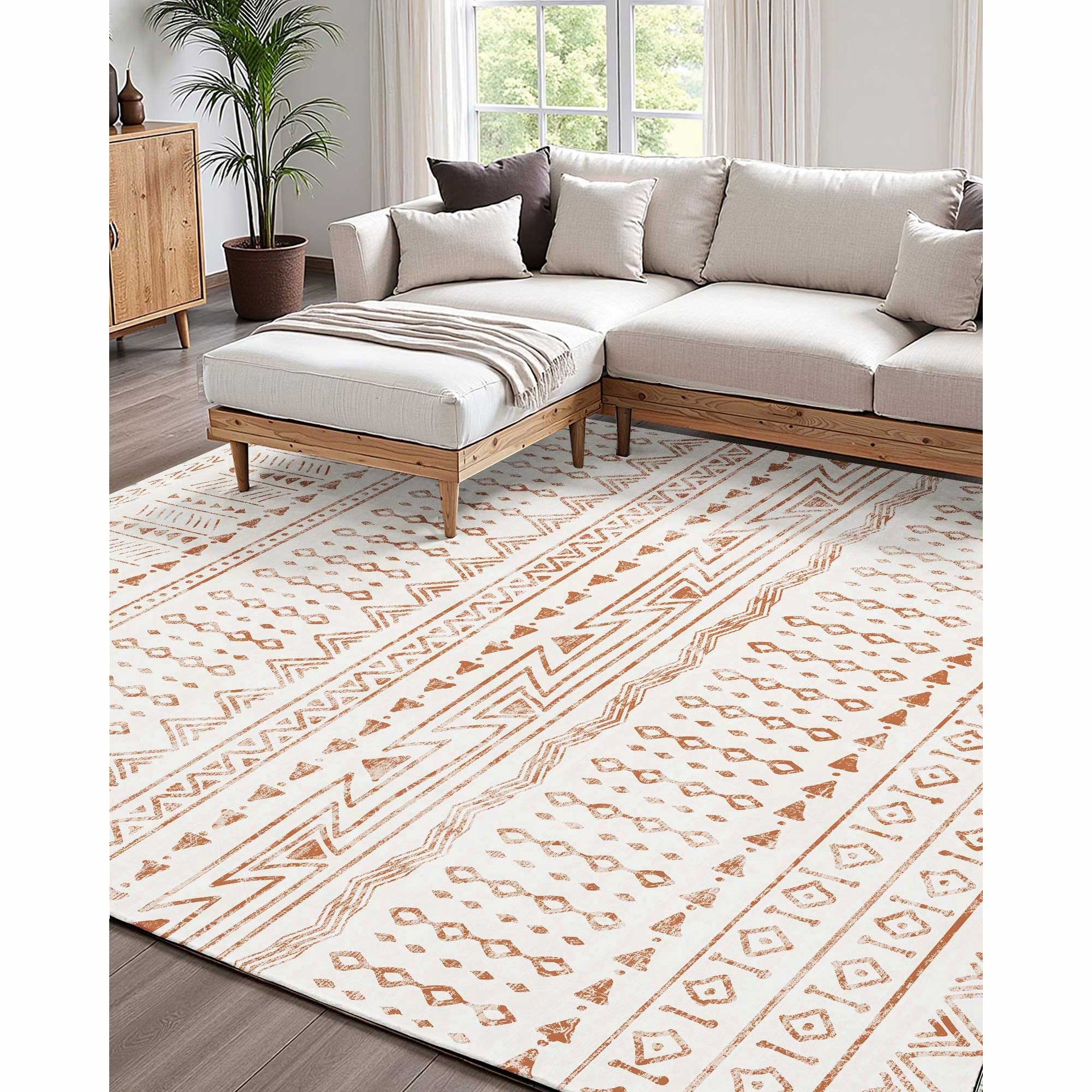 Large Area Rug 5 x 7 ft Anti-Skid and Tear-Resistant Floor Mat Modern Beige