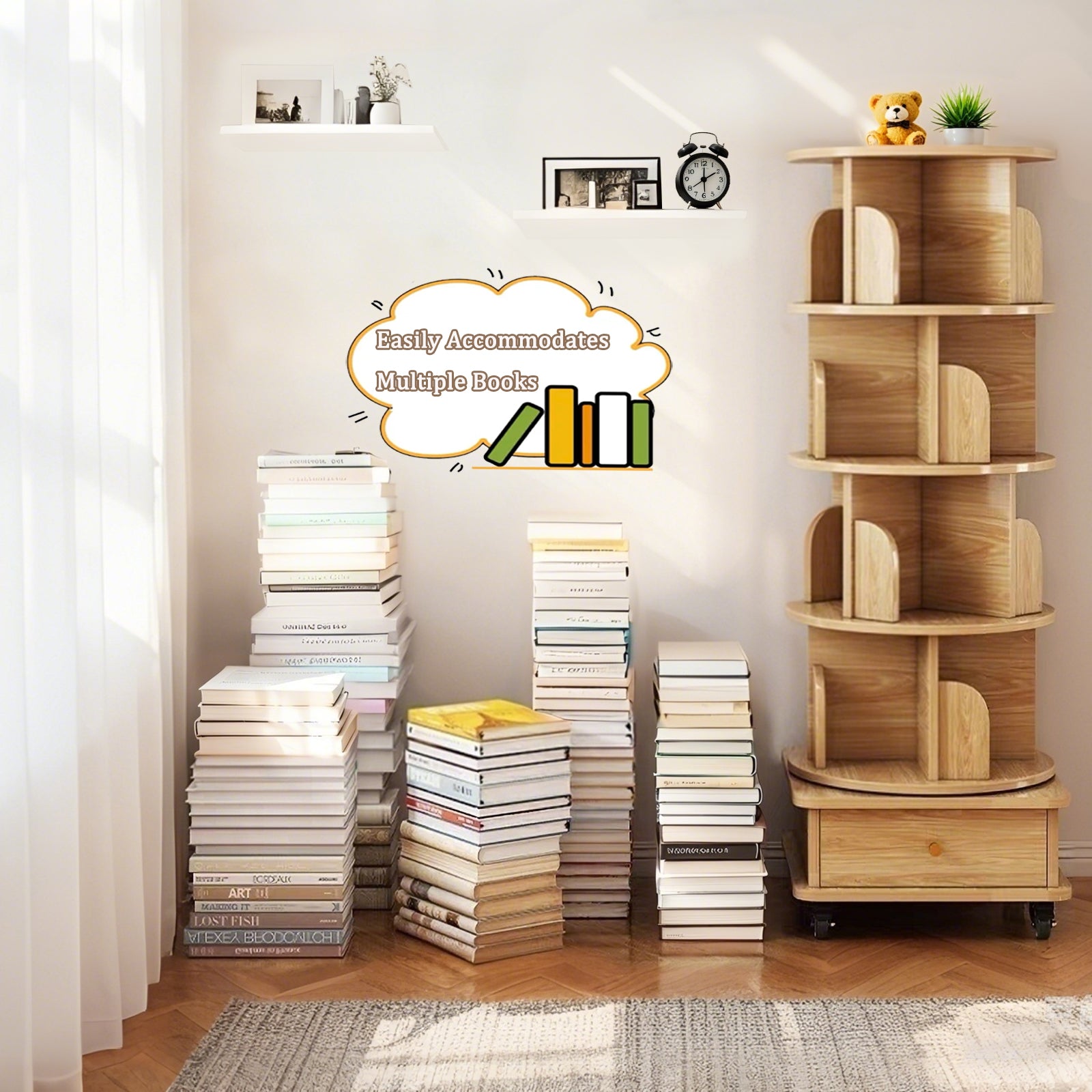 5 Tier Rotating Bookshelf, 360° Display Round Spinning Bookshelf with Wheels, Space-Saving, Small Space Rotating Bookshelf Tower for Bedroom, Living Room, Home, Office, Wood Color