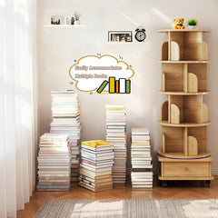 5 Tier Rotating Bookshelf, 360° Display Round Spinning Bookshelf with Wheels, Space-Saving, Small Space Rotating Bookshelf Tower for Bedroom, Living Room, Home, Office, Wood Color