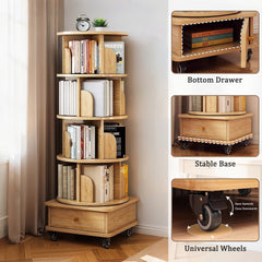 5 Tier Rotating Bookshelf, 360° Display Round Spinning Bookshelf with Wheels, Space-Saving, Small Space Rotating Bookshelf Tower for Bedroom, Living Room, Home, Office, Wood Color