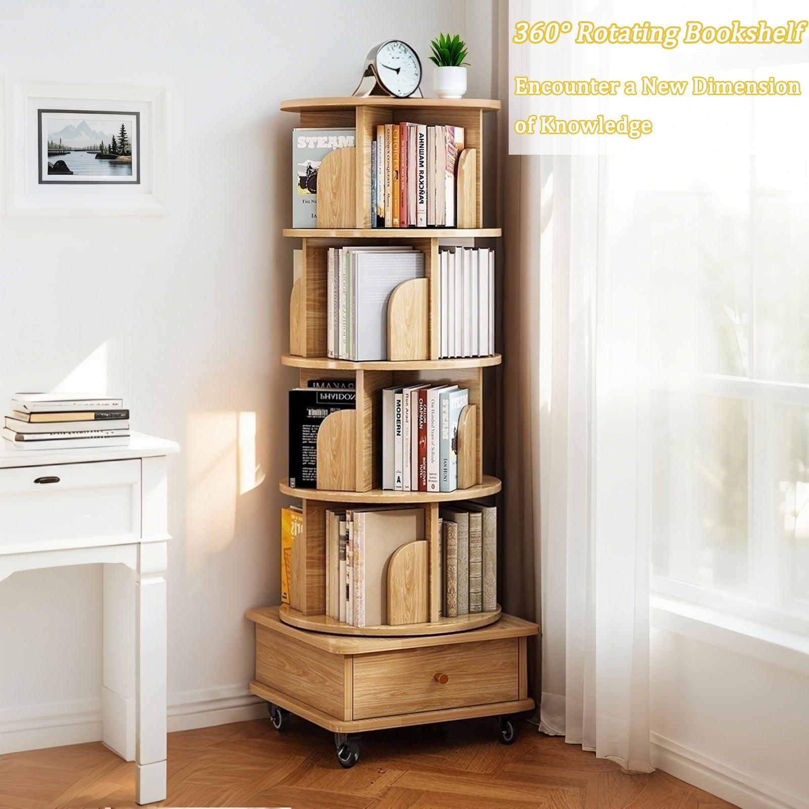 5 Tier Rotating Bookshelf, 360° Display Round Spinning Bookshelf with Wheels, Space-Saving, Small Space Rotating Bookshelf Tower for Bedroom, Living Room, Home, Office, Wood Color