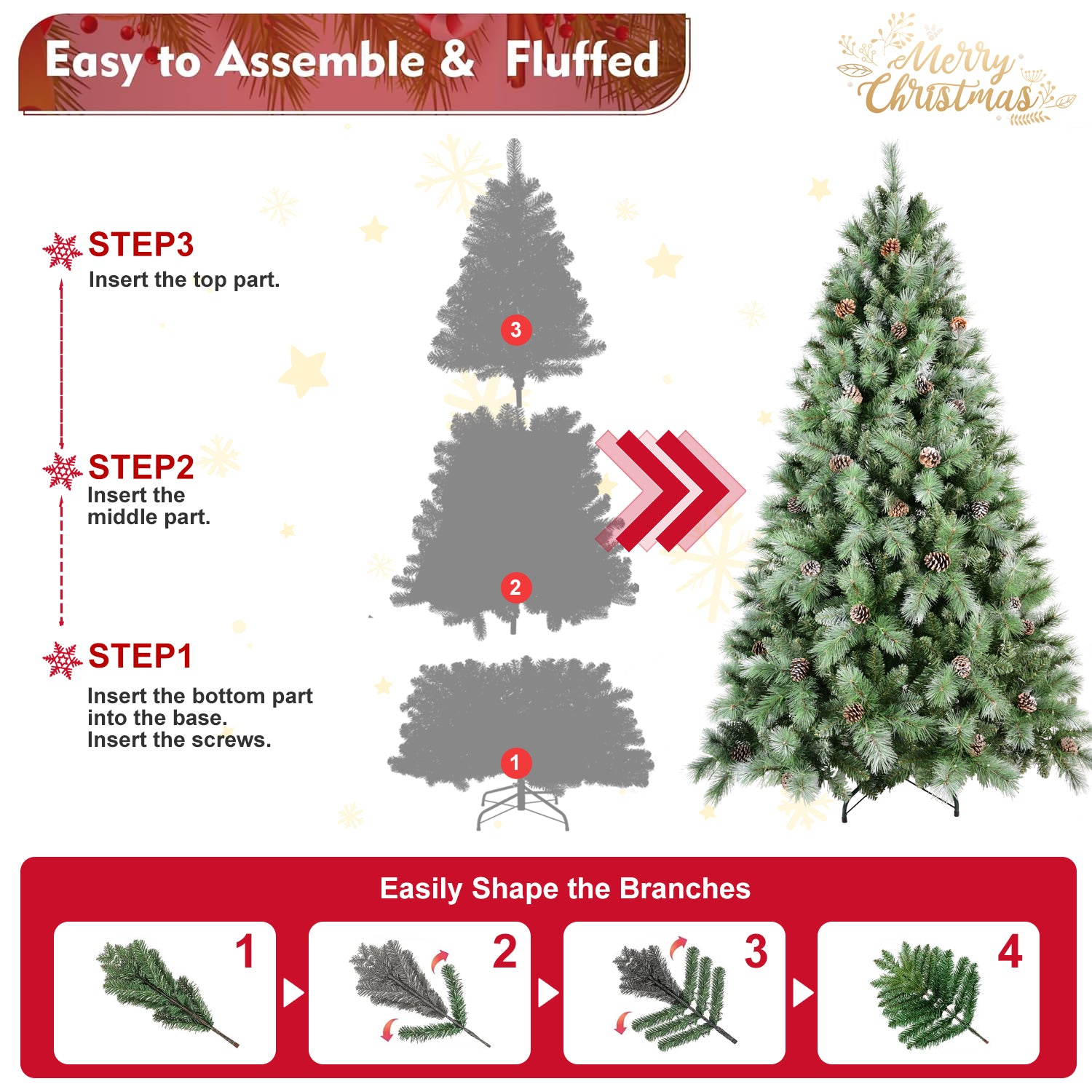 5FT Christmas Tree with 51 Pine Cones – 694 Tips, Mixed PVC & Hard Needle Branches, Hinged Structure for Easy Setup, Sturdy Metal Stand – Realistic Full Holiday Tree