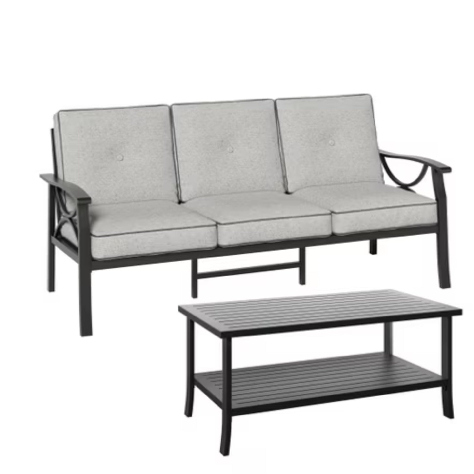 2 Piece Outdoor Patio Set, 70” All-Weather Metal 3-Seat Metal Patio Sofa and Rectangular coffee Table , Black Frame with Gray Cushions