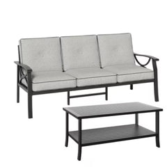 2 Piece Outdoor Patio Set, 70” All-Weather Metal 3-Seat Metal Patio Sofa and Rectangular coffee Table , Black Frame with Gray Cushions