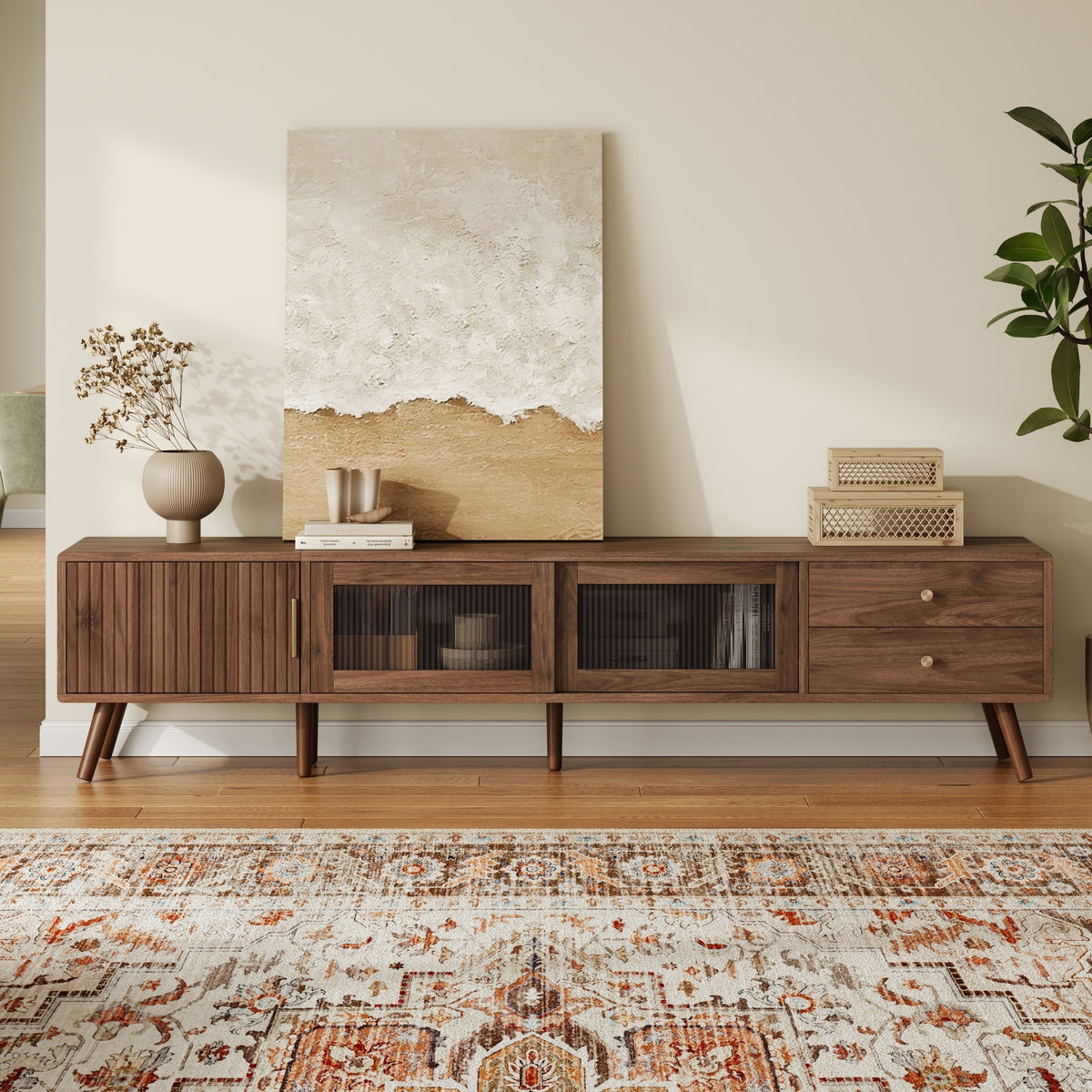 76" Modern Minimal Glass-Doors TV Stand for TVs up to 85 Inches, Wood-Grain Entertainment Center with Storage Cabinets, TV Media Console Table for Living Room, Bedroom