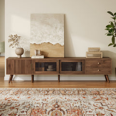 76" Modern Minimal Glass-Doors TV Stand for TVs up to 85 Inches, Wood-Grain Entertainment Center with Storage Cabinets, TV Media Console Table for Living Room, Bedroom