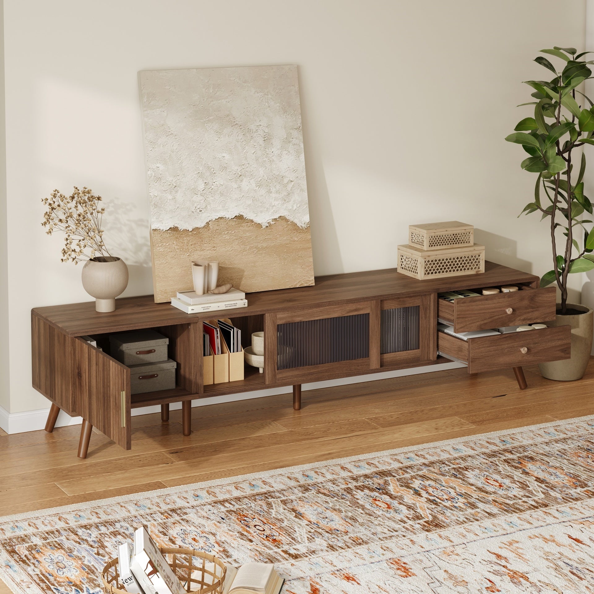 76" Modern Minimal Glass-Doors TV Stand for TVs up to 85 Inches, Wood-Grain Entertainment Center with Storage Cabinets, TV Media Console Table for Living Room, Bedroom