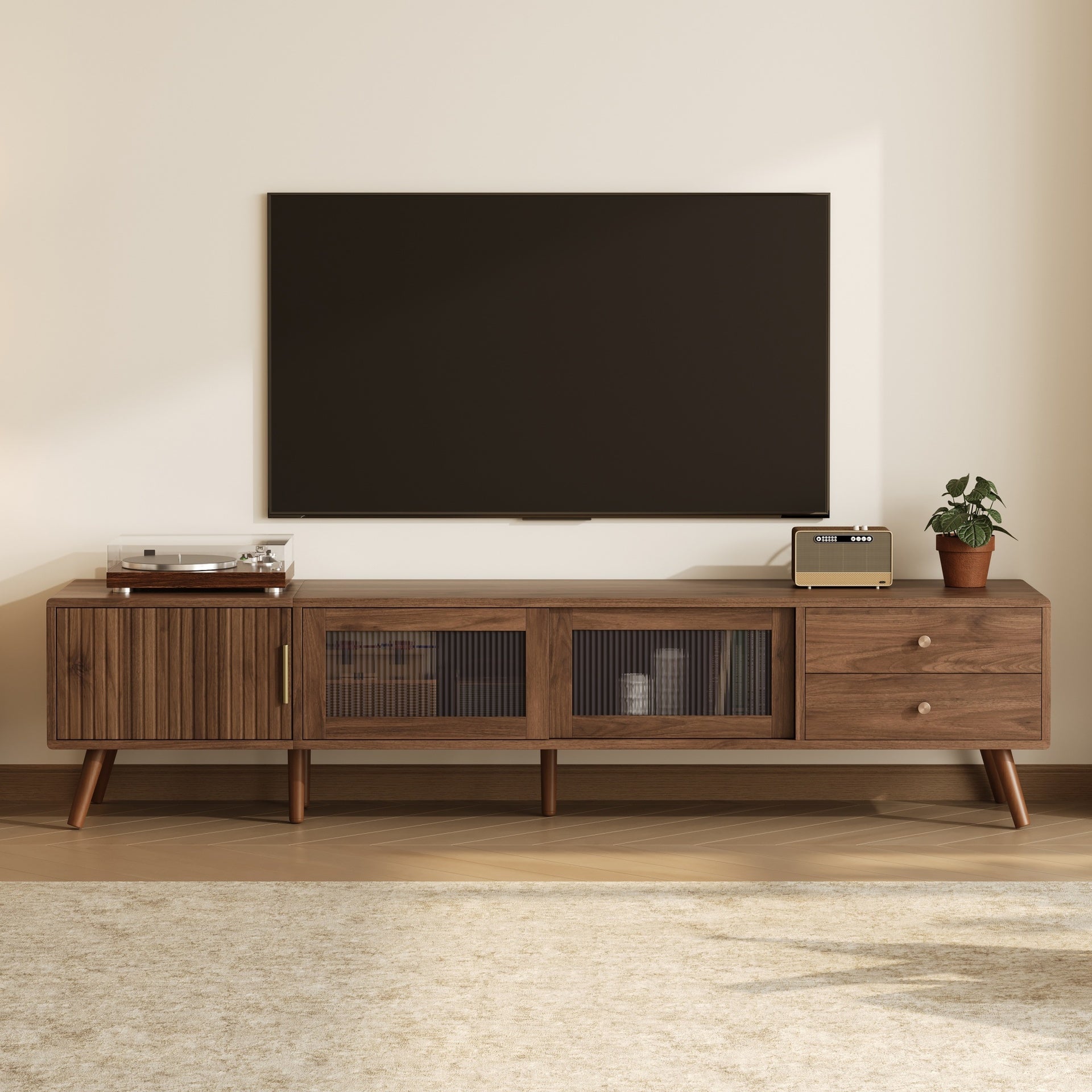 76" Modern Minimal Glass-Doors TV Stand for TVs up to 85 Inches, Wood-Grain Entertainment Center with Storage Cabinets, TV Media Console Table for Living Room, Bedroom